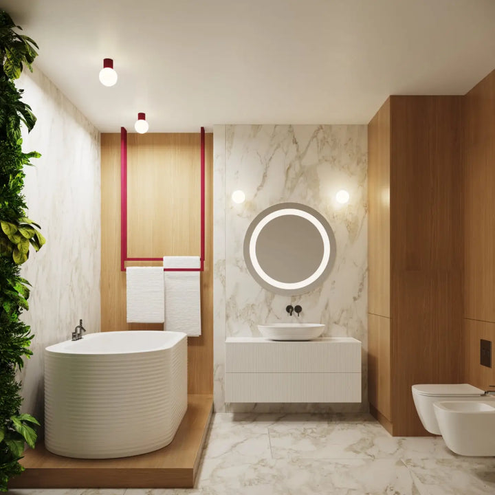 Baignoire autoportante blanche à rainures avec finition céramique lisse et design moderne dans bureau décorative lampe halo sphère laiteuse