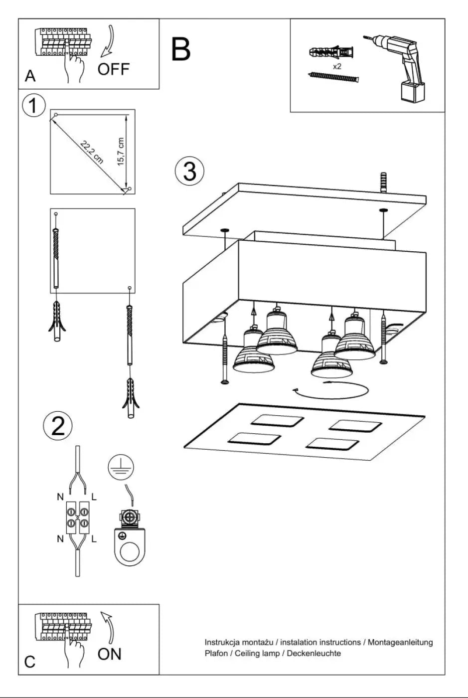 Diagramme dassemblage de plafonnier moderne mono 4 blanc avec spot allongé et schémas de sources lumineuses