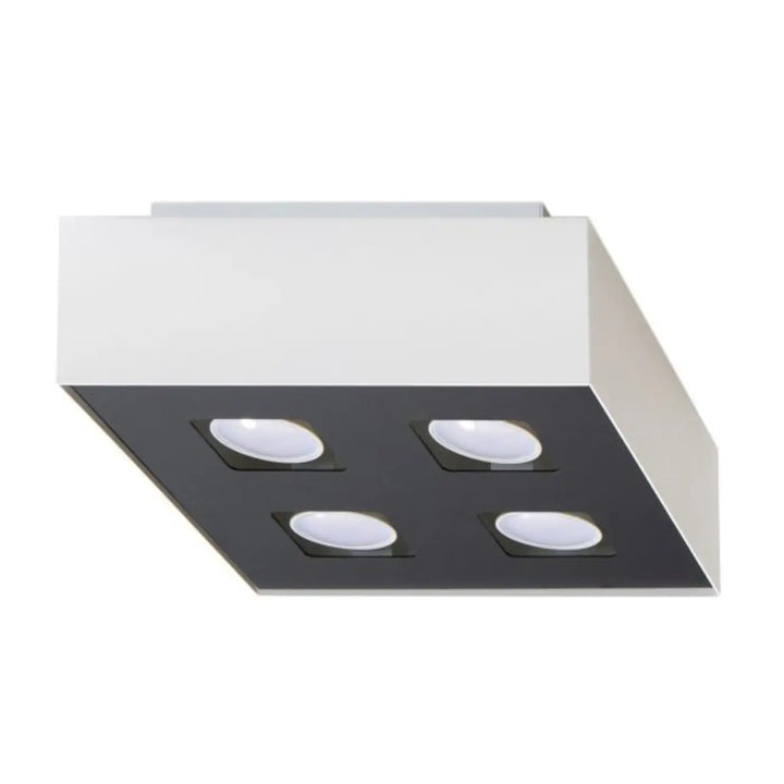 Plafonnier moderne mono blanc et noir avec quatre sources lumineuses led encastrées spot allongé design carré