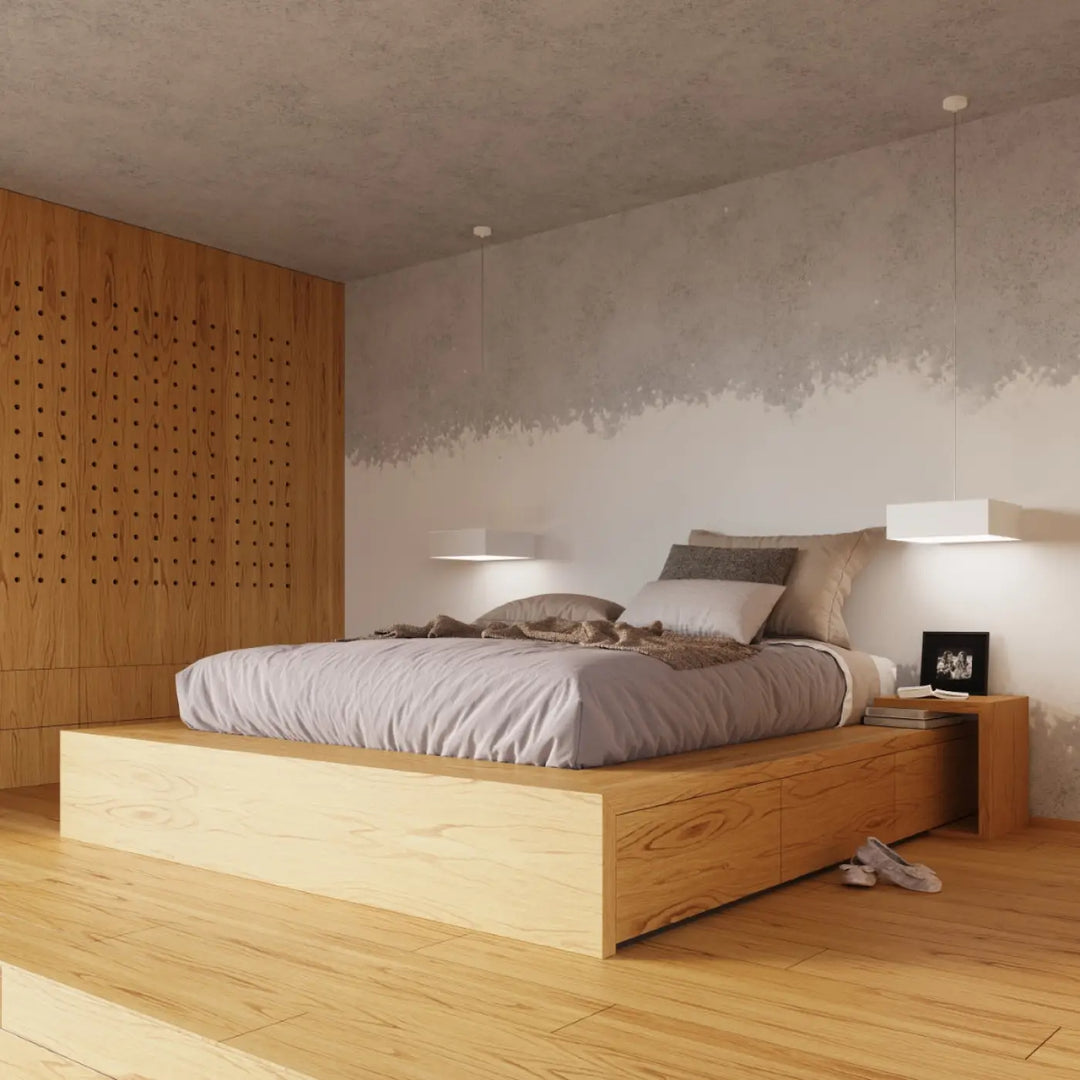 Lit plateforme en bois clair avec tiroirs intégrés design minimaliste éclairage polyvalent plafonnier carré forme riche
