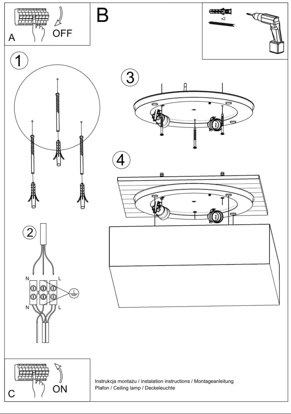 Diagramme dinstallation du luminaire plafonnier horus blanc montrant le montage pour éclairage polyvalent en forme riche