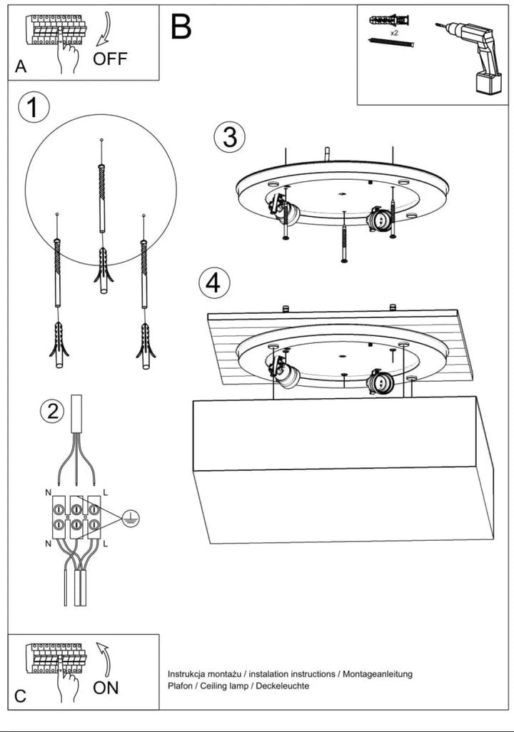 Diagramme dinstallation du luminaire plafonnier horus blanc montrant le montage pour éclairage polyvalent en forme riche