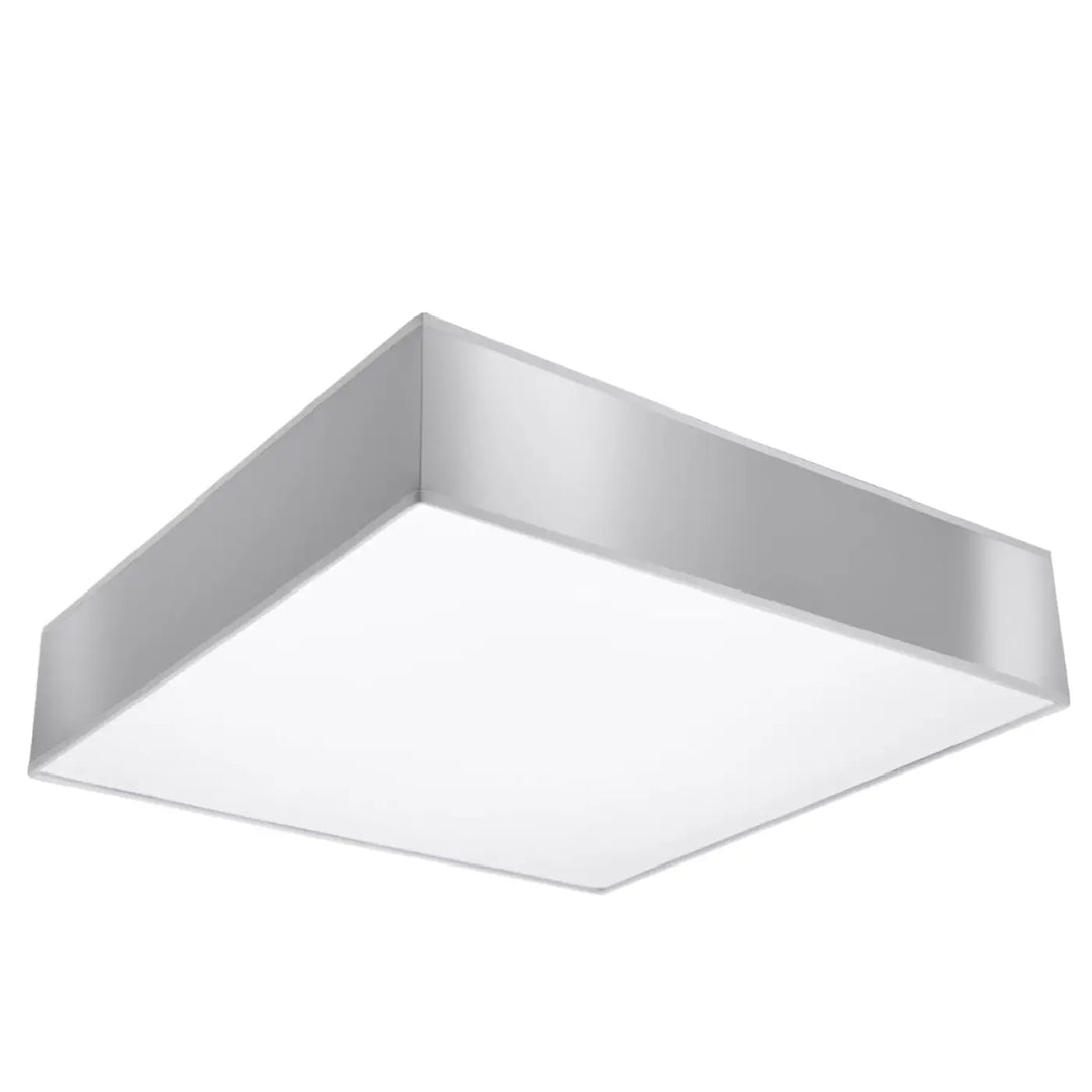 Plafonnier carré hors 45 gris avec cadre métallique argenté et éclairage polyvalent diffuseur blanc éclatant forme riche