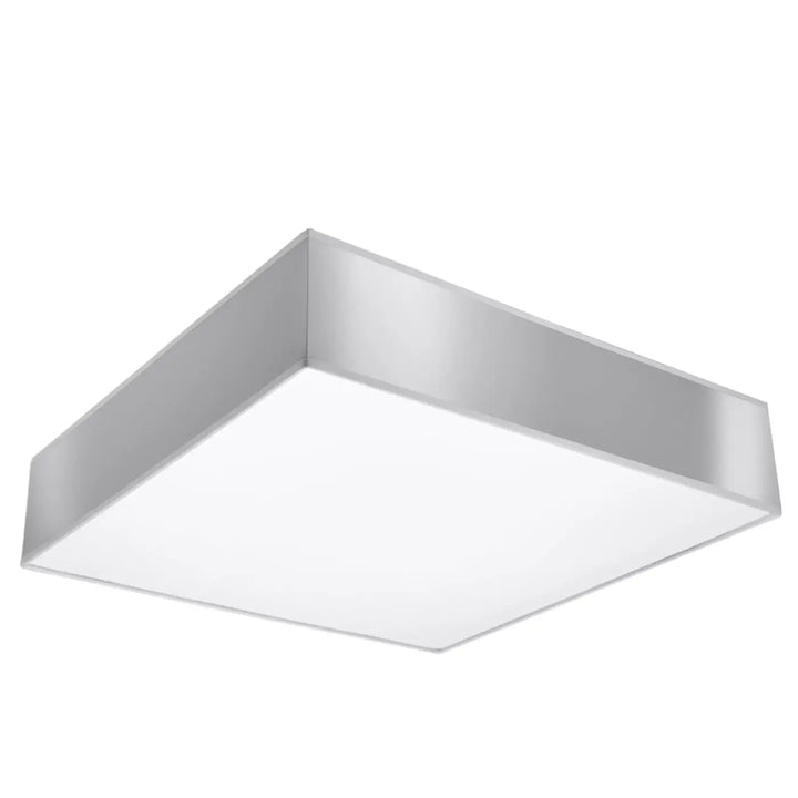 Plafonnier carré hors 45 gris avec cadre métallique argenté et éclairage polyvalent diffuseur blanc éclatant forme riche
