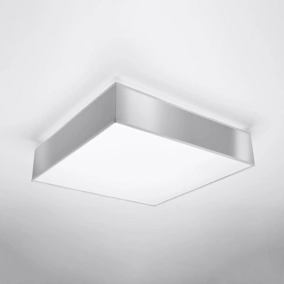 Plafonnier carré horus 45 gris avec cadre métallique argenté et panneau diffusant blanc pour éclairage polyvalent forme riche