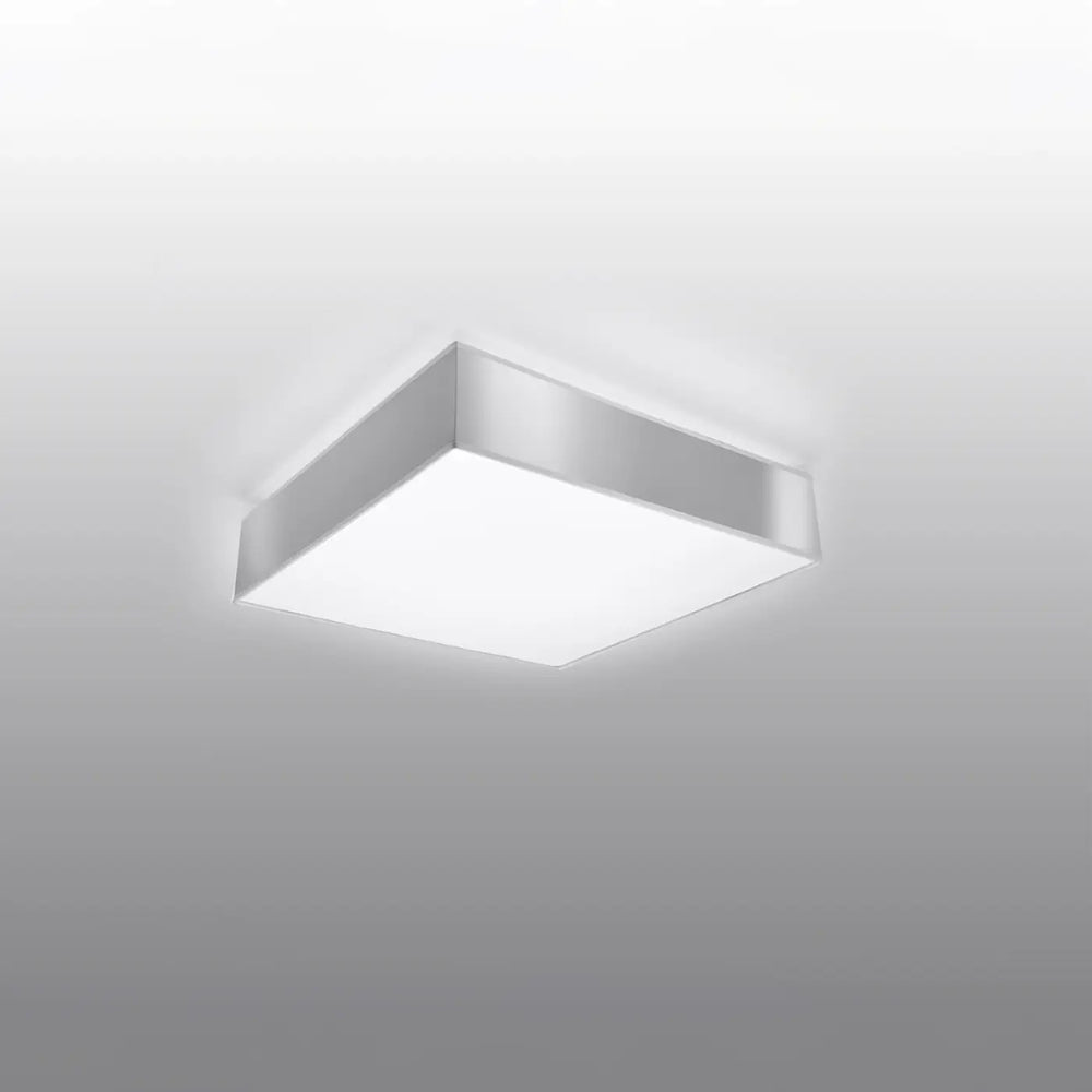 Plafonnier carré horus gris avec cadre métallique argenté et éclairage polyvalent à forme riche et lumière diffusée blanche