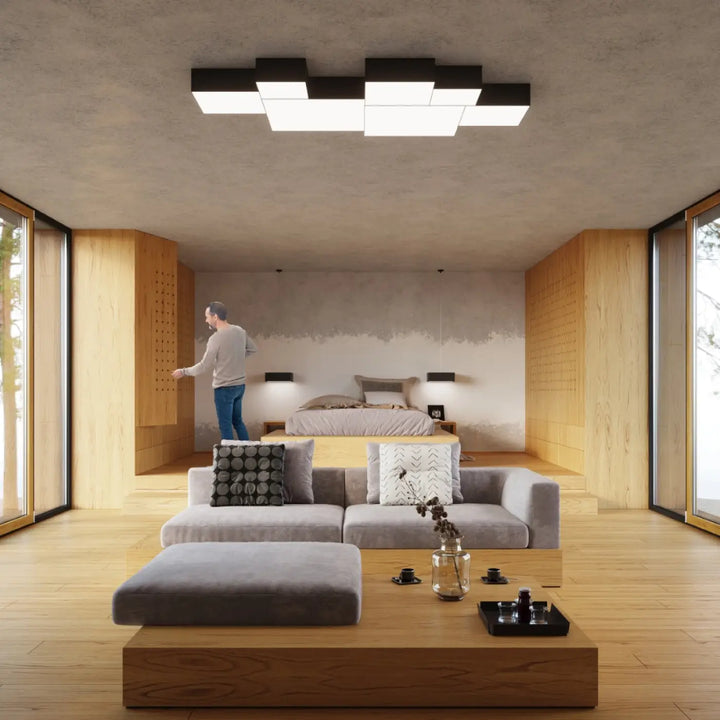 Luminaire plafonnier horus noir avec forme riche en géométrie moderne pour un éclairage polyvalent et plafonnier carré