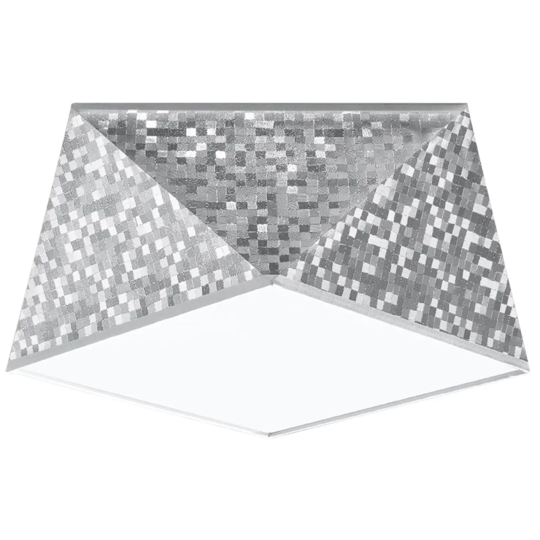 Plafonnier hexa 25 argent avec lumière mosaïque argentée et panneau central blanc au design géométrique exclusif