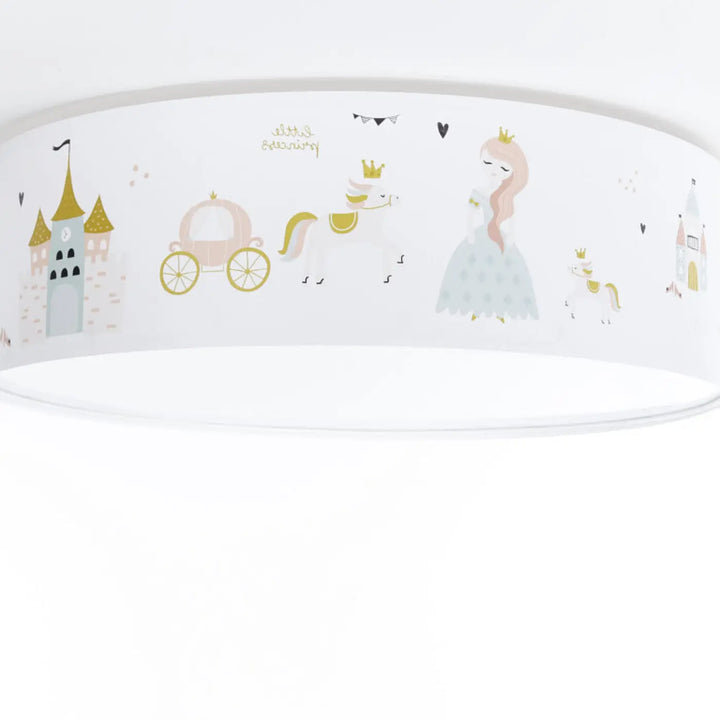 Luminaire plafonnier chambre fille blanc cylindrique avec design féerique pastel princesses châteaux licornes or doux