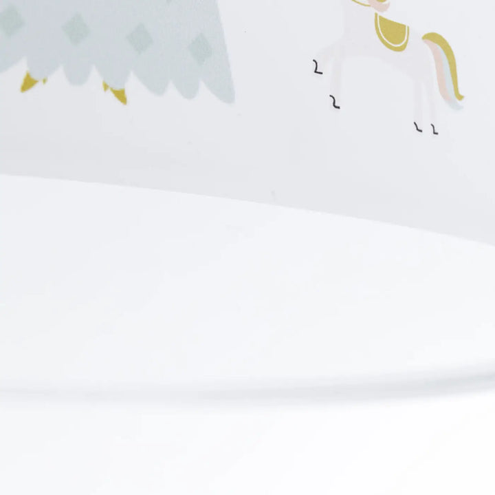 Luminaire plafonnier chambre fille avec licorne blanche et crinière dorée orné de bordure jaune pour chambre fille