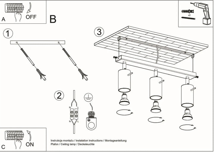 Luminaire plafonnier ring 3 chromé avec trois spots cylindriques sur cadre bois que vous pouvez facilement installer