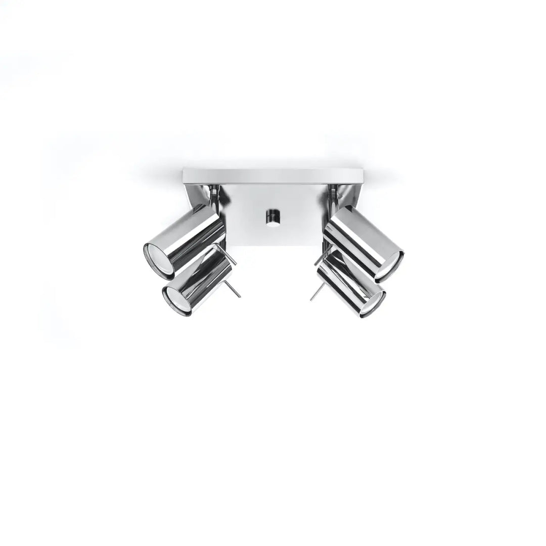 Luminaire plafonnier ring 4 chromé avec quatre têtes cylindriques à bras réglables pour demi-obscurité chaleureuse