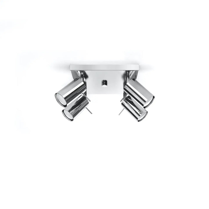 Luminaire plafonnier ring 4 chromé avec quatre têtes cylindriques à bras réglables pour demi-obscurité chaleureuse