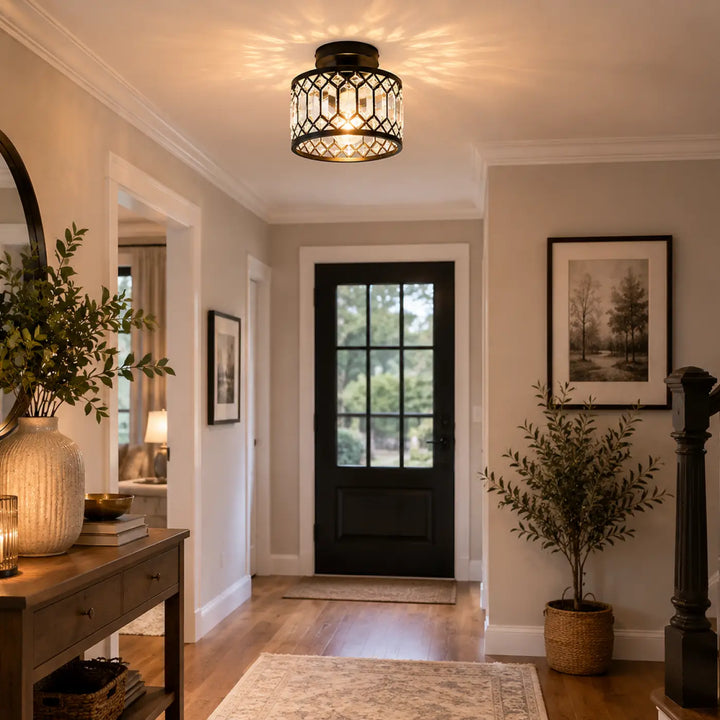 Luminaire plafonnier en métal noir avec design géométrique et cristaux lumineux clairs mirelys
