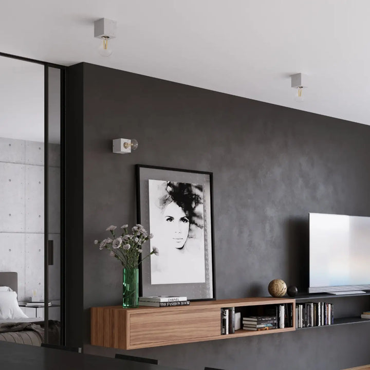 Applique murale ariz en béton avec luminaires minimalistes carrés blancs et ampoules filament style loft