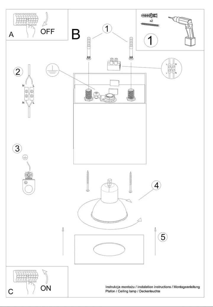 Diagramme d’installation facile pour lampe luminaire plafonnier industriel hati gris avec composants étiquetés