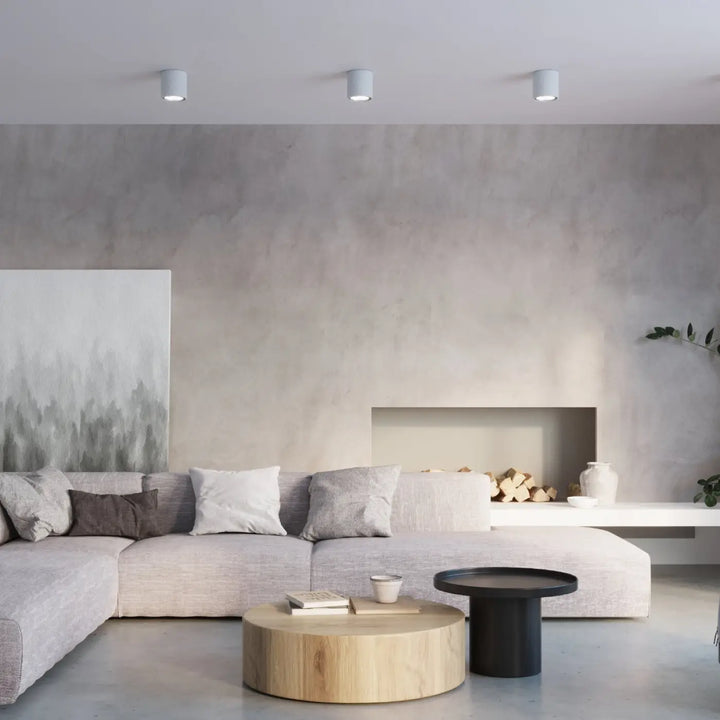 Luminaire plafonnier béton cullo blanc avec spots cylindriques minimalistes en forme simple et béton durable