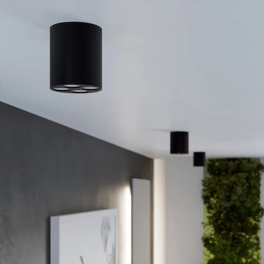 Luminaire plafonnier zoe led noir avec quatre ampoules led circulaires en ligne design moderne combinaison parfaite