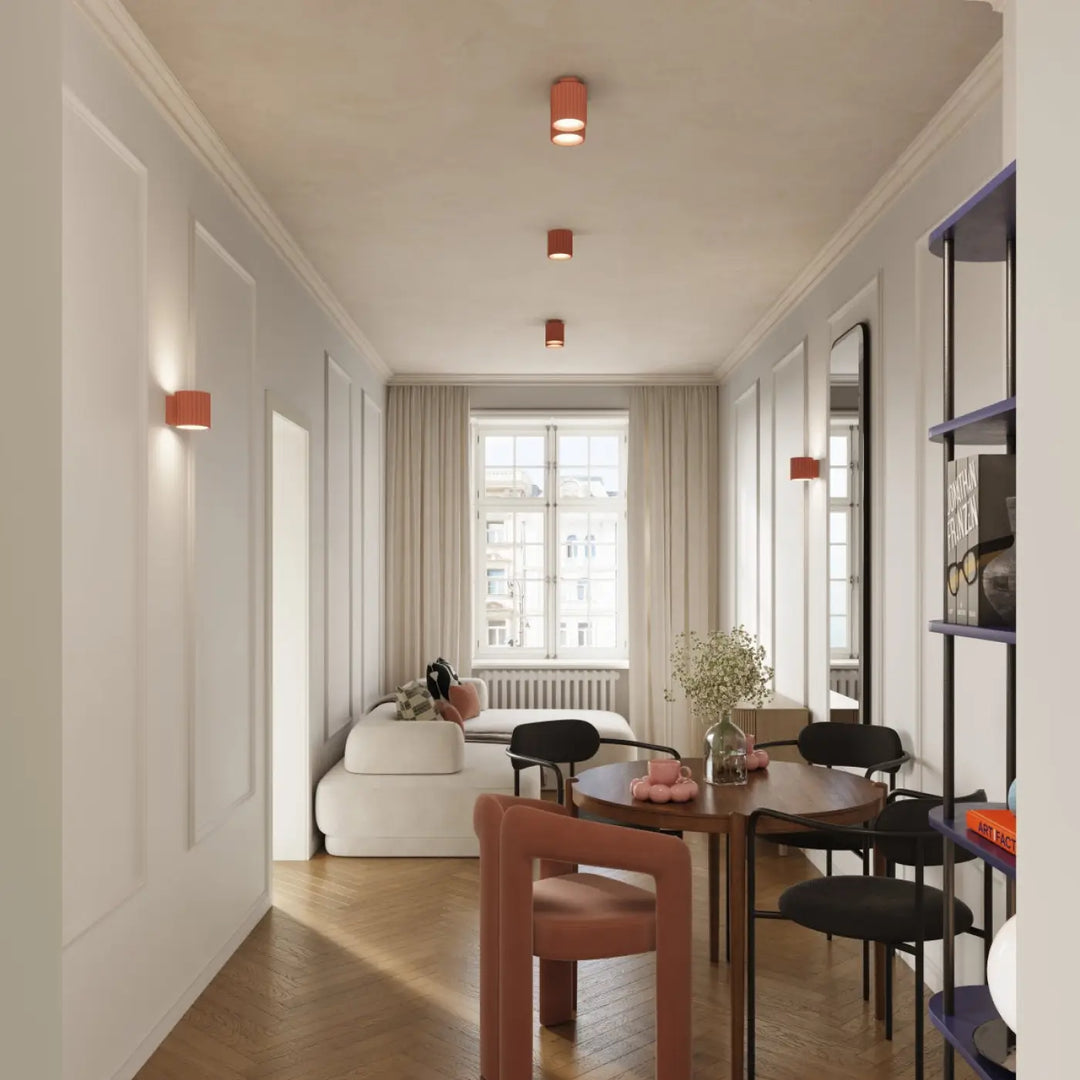 Luminaire plafonnier aura 1 peach avec forme unique inspirée et design moderne en bois foncé minimaliste