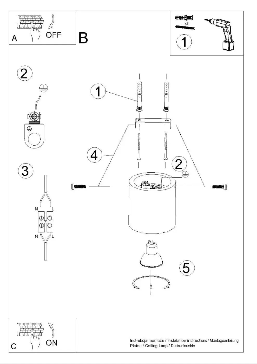 Schéma dassemblage du plafonnier orbis beton montrant les vis de fixation composants électriques et douille ampoule