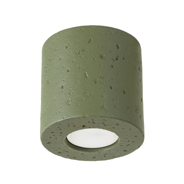 Luminaire plafonnier orbis vert olive en béton cylindrique avec panneau led circulaire blanc design contemporain
