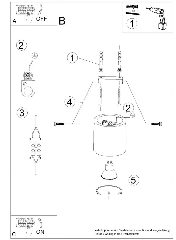 Le diagramme montre les composants et étapes de montage du plafonnier orbis vert olive design contemporain avec fixation et câblage