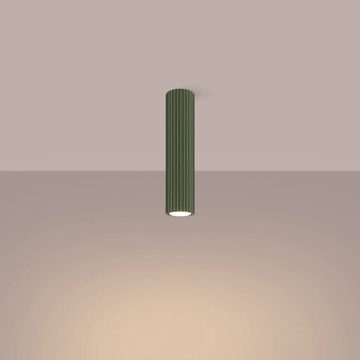 Plafonnier karbon 30 vert olive cylindrique avec rainures verticales et base lumineuse blanche chaude design minimaliste ampoules gu10 interchangeables