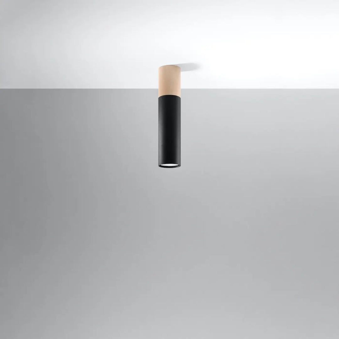 Luminaire plafonnier moderne pablo noir avec corps cylindrique mat et chapeau en bois naturel pointe moderne pablo
