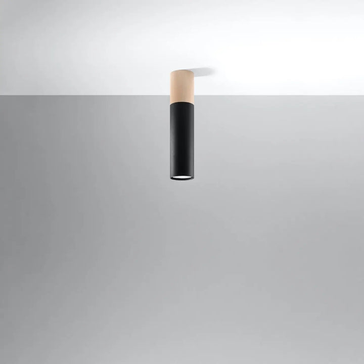 Luminaire plafonnier moderne pablo noir avec corps cylindrique mat et chapeau en bois naturel pointe moderne pablo