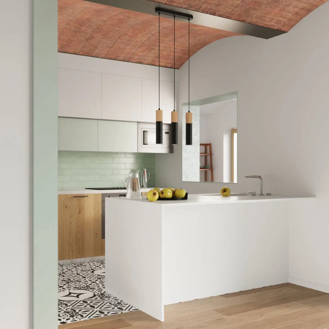 Luminaire plafonnier moderne pablo noir avec îlot de cuisine blanc minimaliste et évier intégré pour connaître mieux pointe moderne pablo