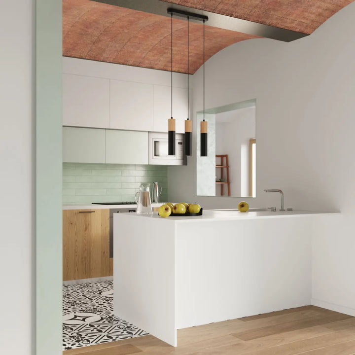Luminaire plafonnier moderne pablo noir avec îlot de cuisine blanc minimaliste et évier intégré pour connaître mieux pointe moderne pablo