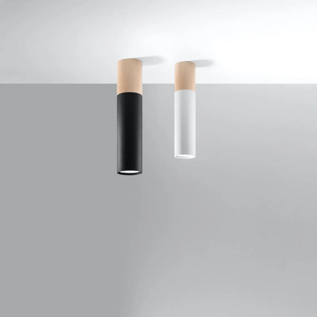 Deux luminaires plafonniers cylindriques modernes pablo en noir et blanc translucide avec caps en bois clair