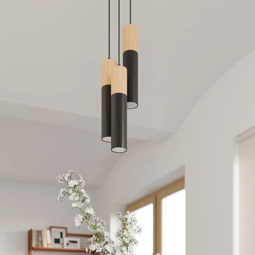 Luminaire plafonnier moderne pablo avec design cylindrique deux tons bois naturel et finition noir mat pour pointe moderne pablo