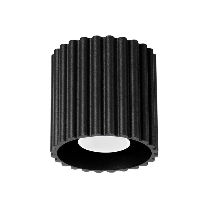 Luminaire plafonnier aura 1 noir avec forme unique inspirée, corps cylindrique rainuré et lentille blanche centrale lisse