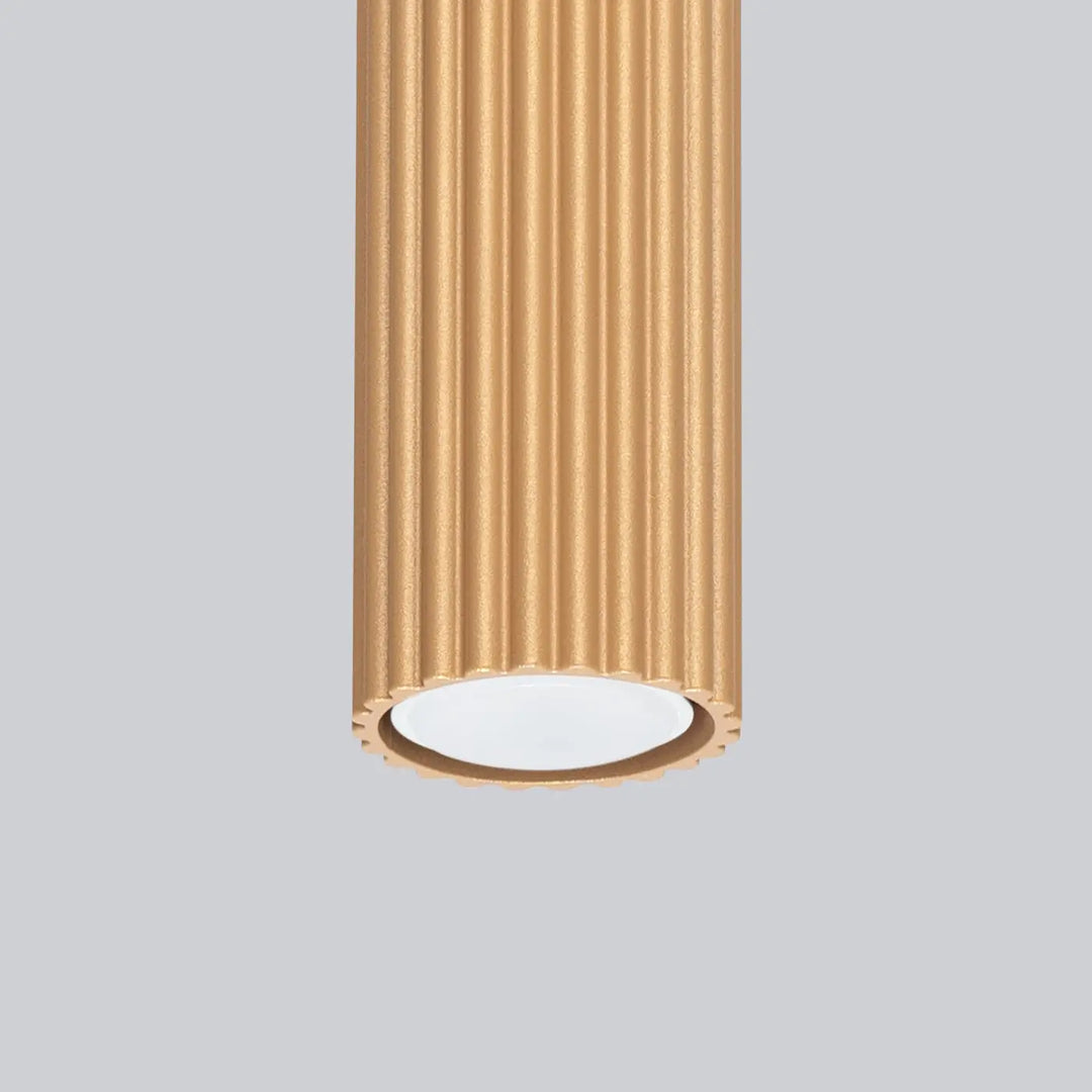 Plafonnier karbon doré avec fût cylindrique cannelé verticalement et diffuseur blanc minimaliste avec ampoules gu10 interchangeables