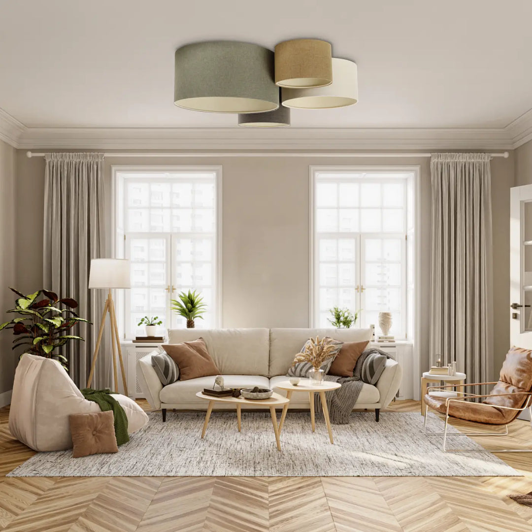 Luminaire plafonnier 4flames boho elegant avec trois abat-jours cylindriques superposés en tons naturels vert gris crème ecru