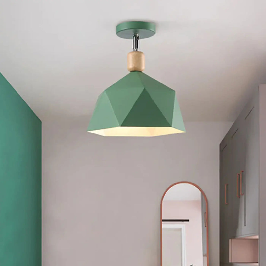 Geometric green luminaire plafonnier with wooden accent and metallic hardware in modern plafonnier design aux style