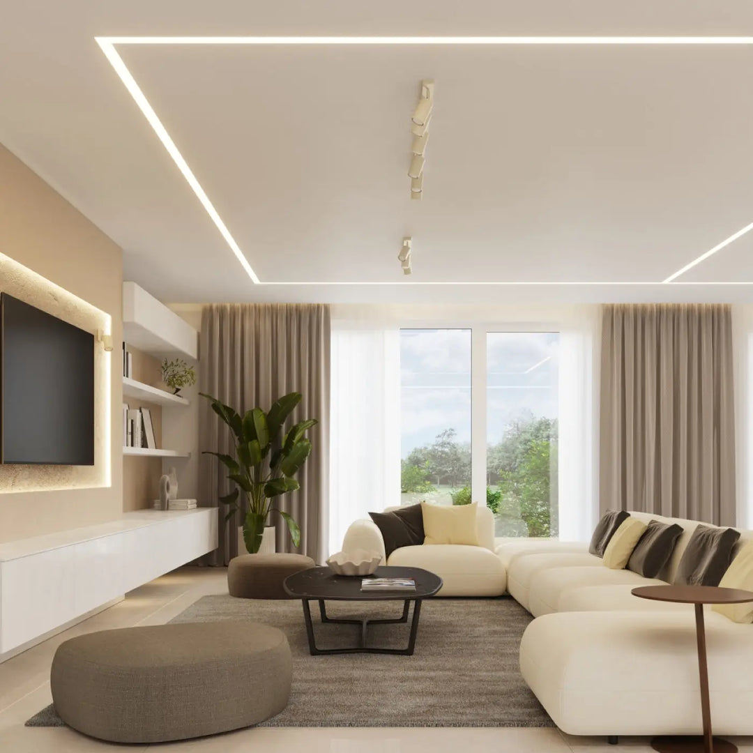 Luminaire plafonnier ring 3l beige avec design minimalisme moderne et éclairage flexible dans un salon contemporain