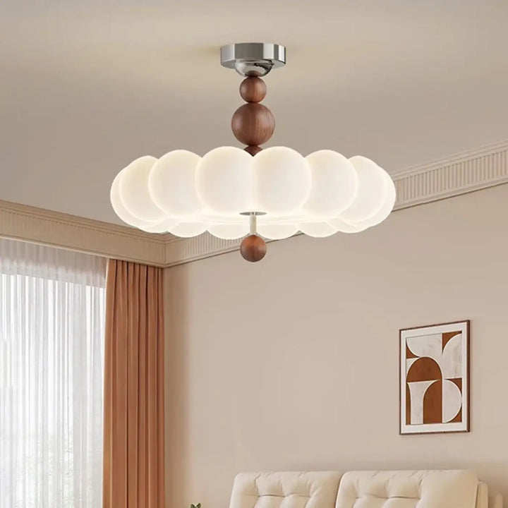 Luminaire plafonnier petalya design nuage avec globes en verre dépoli et sphères en bois chrome moderne