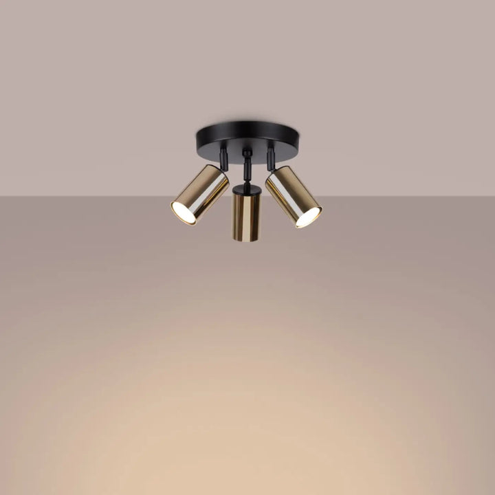 Luminaire plafonnier winx 3p noir avec trois spots cylindriques réglables finition laiton et base noire mate allie design moderne