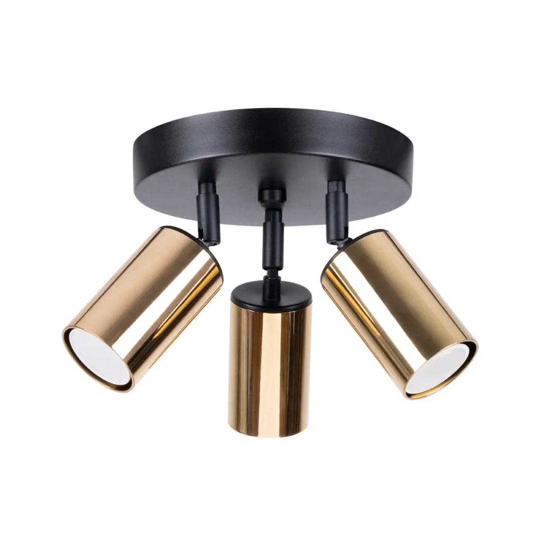 Luminaire plafonnier winx 3p noir avec trois spots cylindriques réglables allie design moderne noir et doré