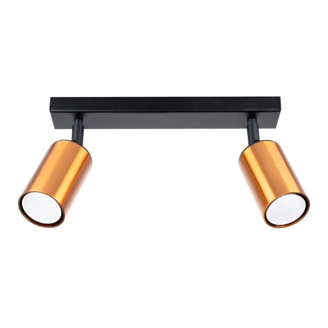 Plafonnier winx avec base noire rectangulaire et deux têtes cylindriques en cuivre poli design winx allie