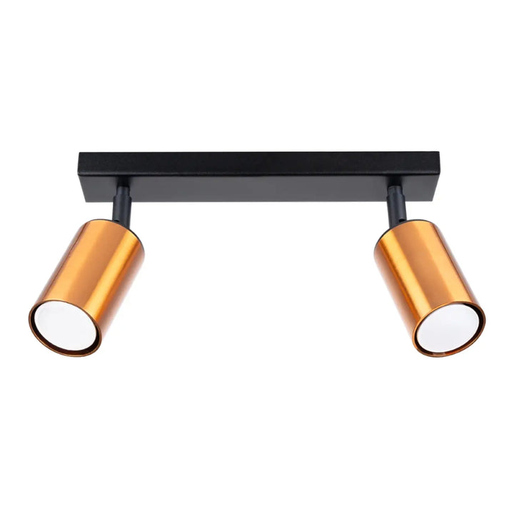 Plafonnier winx avec base noire rectangulaire et deux têtes cylindriques en cuivre poli design winx allie