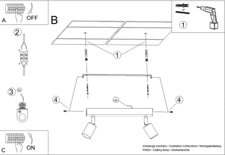 Schéma dinstallation dun plafonnier winx 2 noir doré avec deux spots réglables sur rail horizontal lampe winx allie design