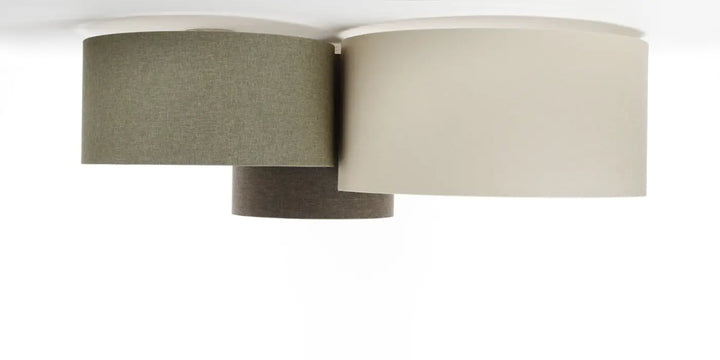 Luminaire plafonnier trio boho elegant avec trois abat-jours cylindriques en tissu texturé naturel marron gris vert gris crème