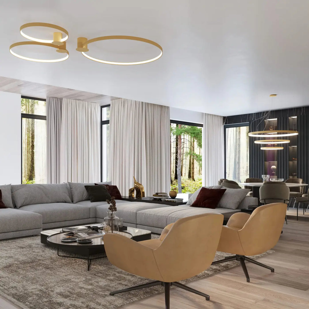 Plafonnier rio doré moderne circulaire avec design unique et efficacité lumineuse élevée pour intérieur contemporain