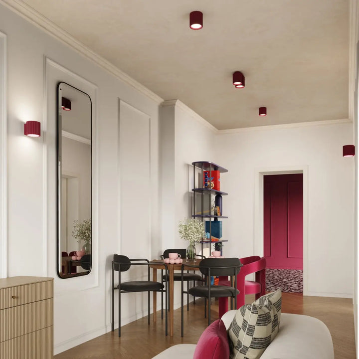 Luminaire plafonnier aura 2 bordeaux avec forme unique inspirée en design moderne et cylindrique encastré rouge