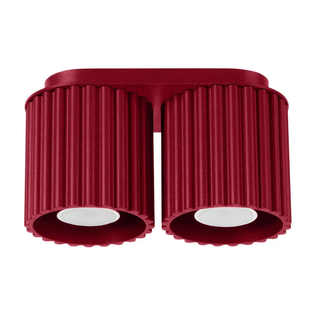 Luminaire plafonnier aura 2 bordeaux rouge avec double bras, formes uniques inspirées et abat-jours cylindriques cannelés