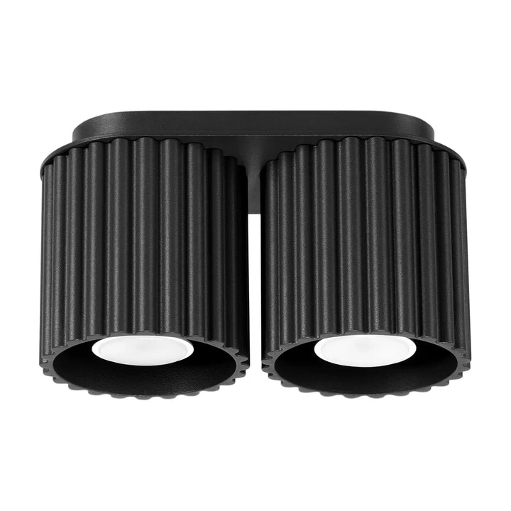 Luminaire plafonnier aura 2 noir avec forme unique inspirée, double tête noire et abat-jours cylindriques cannelés en led blanc encastré