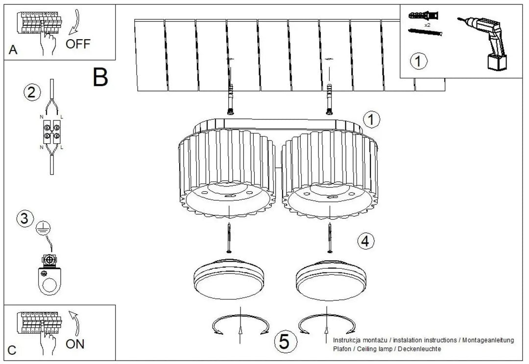 Diagramme technique d’installation luminaire plafonnier aura 2 dual têtes avec forme unique inspirée pêche
